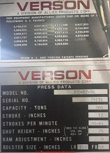 200 Ton Capacity Verson Straight Side Press For Sale